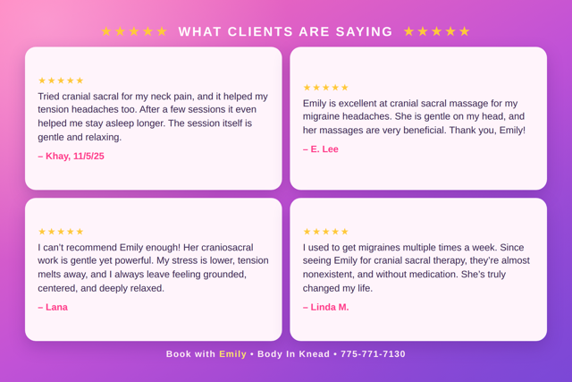 reviews for emily, craniosacral therapy